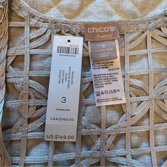 NWT Chico’s Dove Gray Travelers Soutache Jacket Size 3 (16/18) - Picture 5 of 13